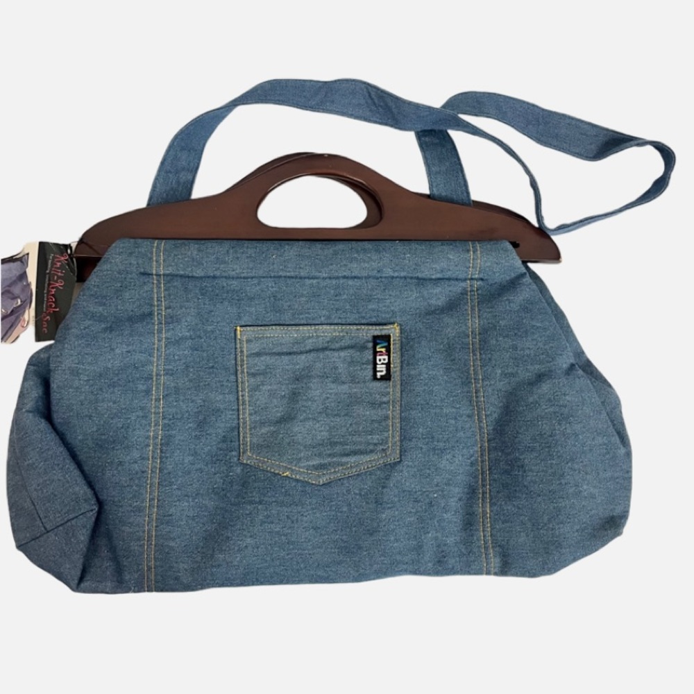 Vintage ART BIN Denim Craft Bag Needle Roll Pouch Convert Purse Wooden Handles